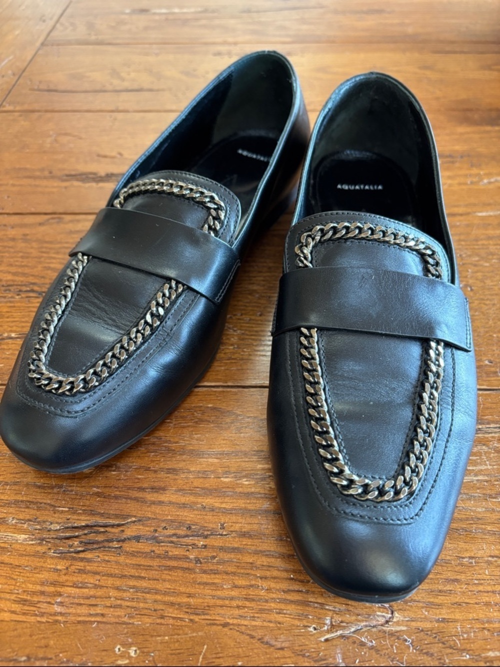 Aquatalia Ronda Flat Strap Chain Leather Loafer Women’s Black Leather Size 8